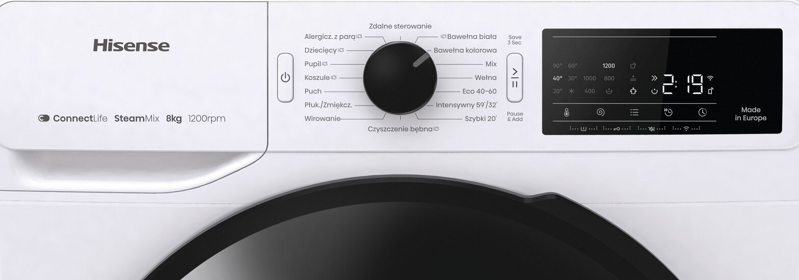Pralka HISENSE WF3V8023BWS 8kg 1200 obr Slim 46.5cm Wi-Fi ConnectLife Programy z parą - obrazek 3