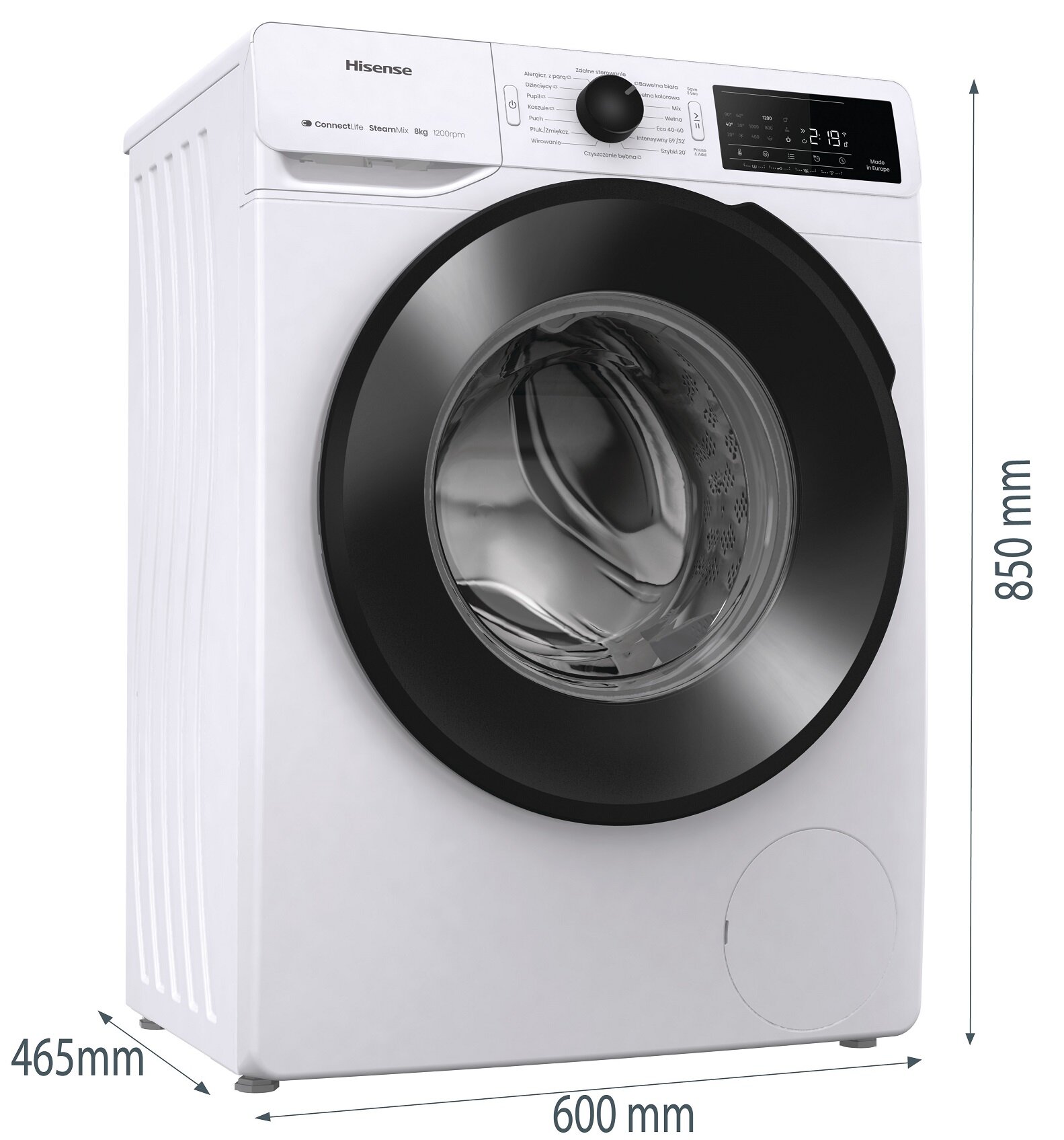 Pralka HISENSE WF3V8023BWS 8kg 1200 obr Slim 46.5cm Wi-Fi ConnectLife Programy z parą - obrazek 5