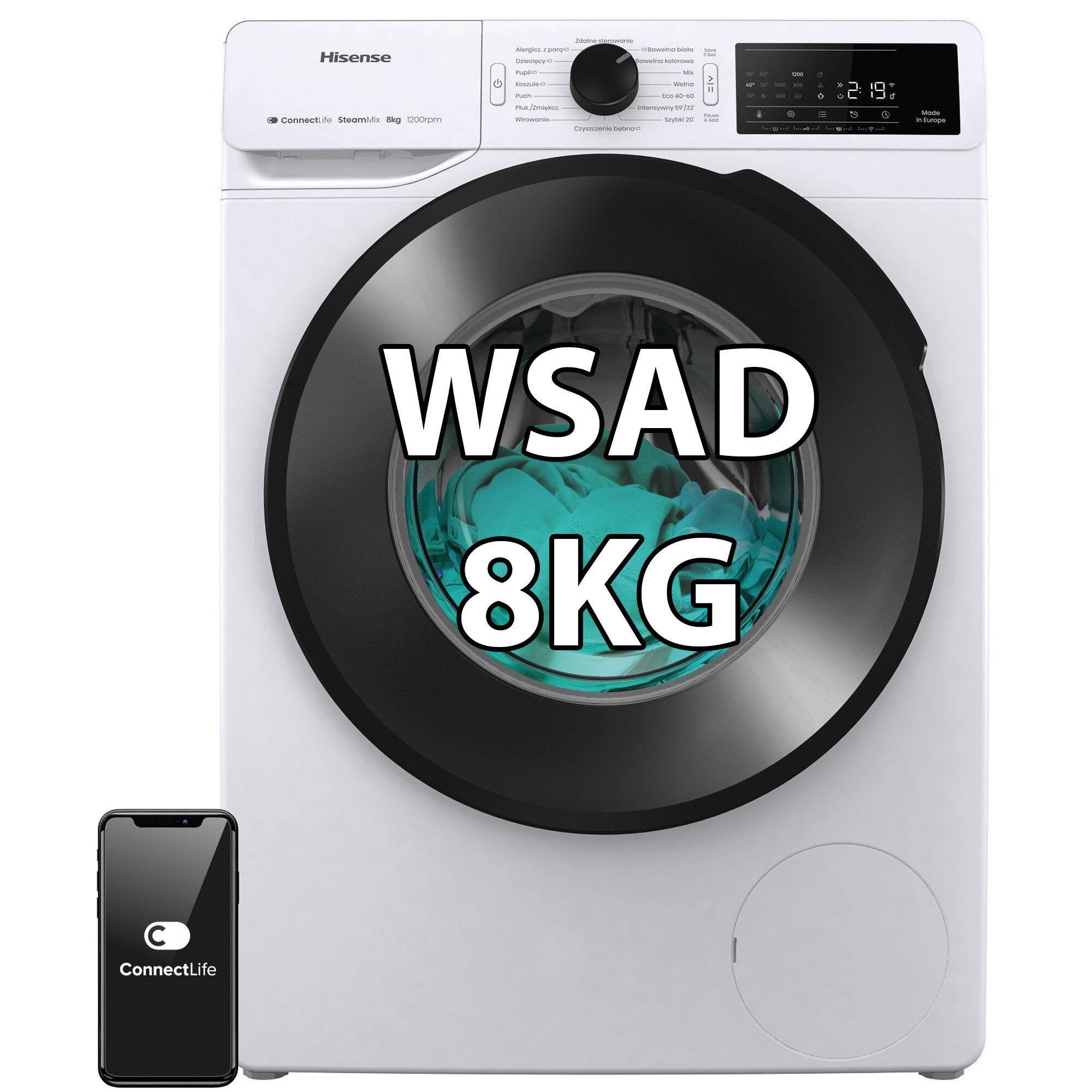 Pralka HISENSE WF3V8023BWS 8kg 1200 obr Slim 46.5cm Wi-Fi ConnectLife Programy z parą